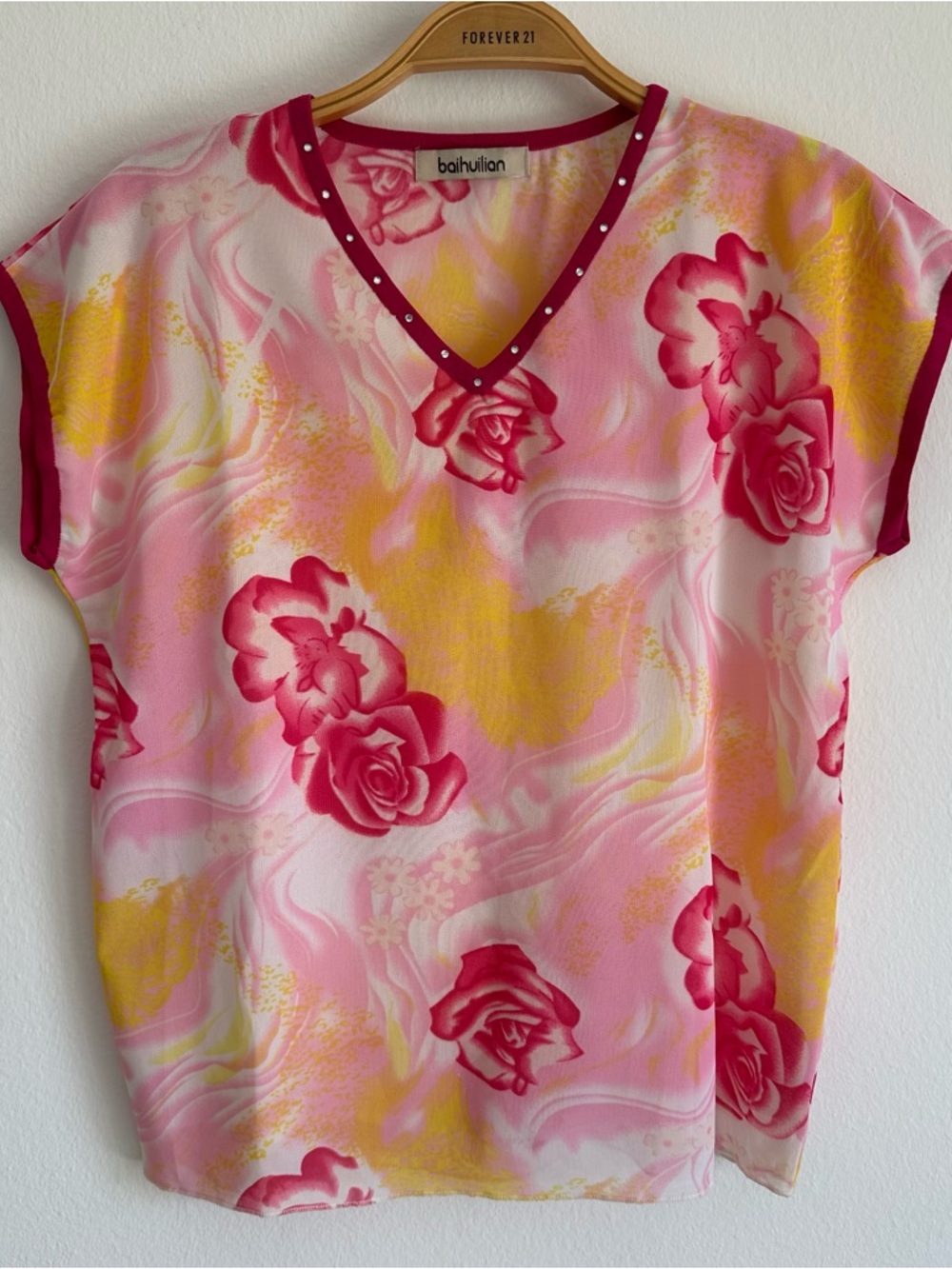 Vintage Y2K Baihulian Top Mesh Sheer Floral Pink Yellow Hawaiian Fairy Summer